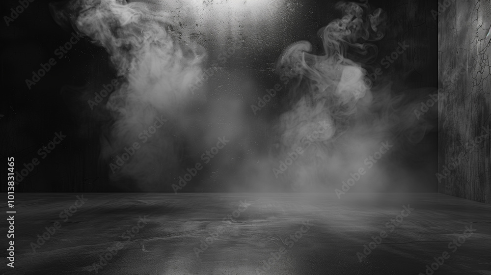 Poster an empty dark abstract cement wall in a studio room with smoke floating up, creating a textured inte