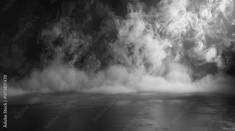 Poster an empty dark abstract cement wall in a studio room with smoke floating up, creating a textured inte