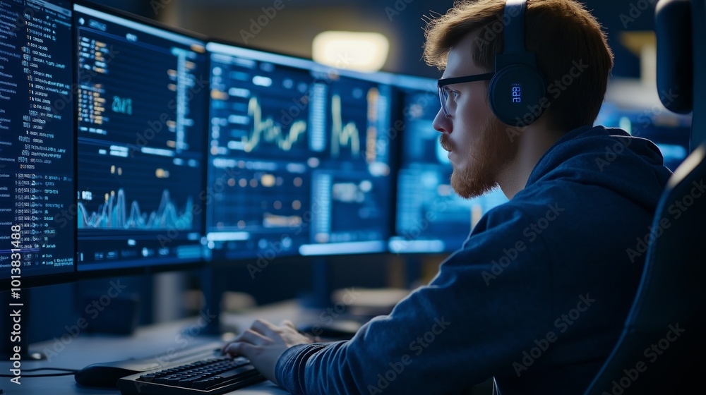 Poster developers collaborate in a bright gaming studio office with high-end computers and revenue growth c