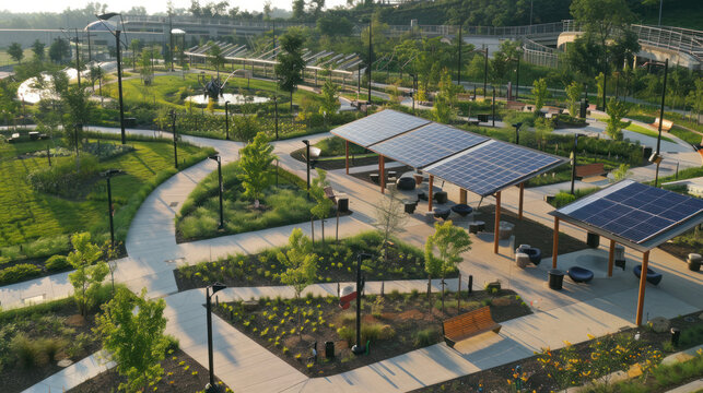 A smart urban park design with solar-powered lighting, automated maintenance systems, and energy-efficient infrastructure