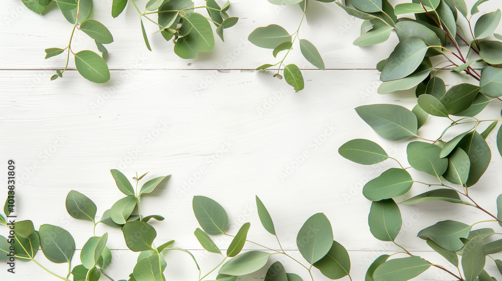 Poster eucalyptus branches and leaves arranged on a rustic white wooden background, creating a minimalistic
