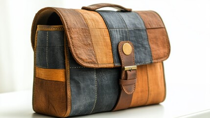 Handmade vintage leather patchwork satchel. Retro-inspired fashion accessory, stylish handbag with rustic design and brass buckle details.