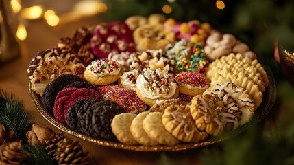A decorative platter filled with a variety of colorful, festive cookies, perfect for a holiday celebration or gathering.