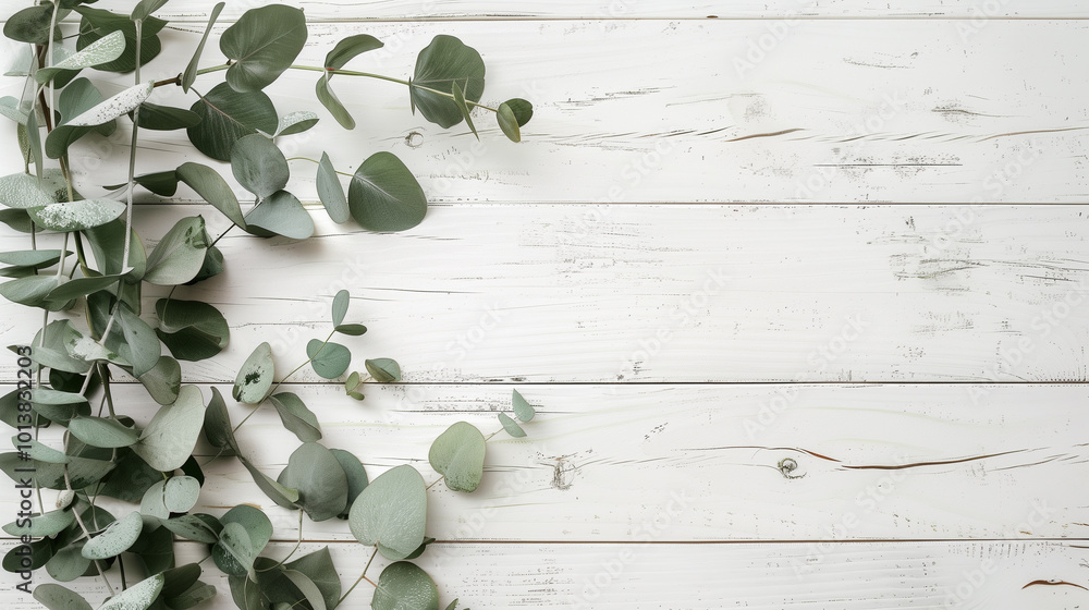 Poster Eucalyptus branches and leaves arranged on a rustic white wooden background, creating a minimalistic flat lay design with ample copy space.

