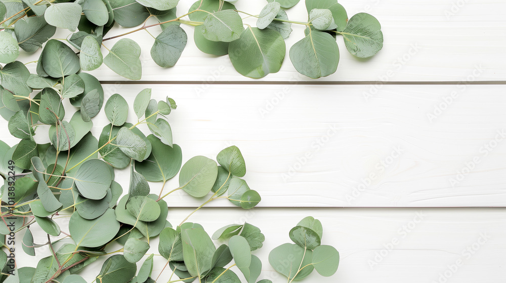 Poster eucalyptus branches and leaves arranged on a rustic white wooden background, creating a minimalistic
