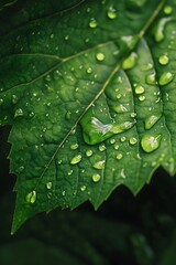 Fototapeta premium Close up of Dew Drops on Green Leaf, Nature Background