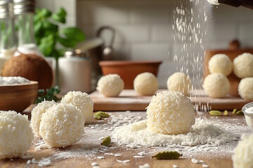 Fototapeta premium Coconut pedha being sprinkled with coconut shavings, representing traditional Indian food preparation – concept for Diwali or Raksha Bandhan celebrations