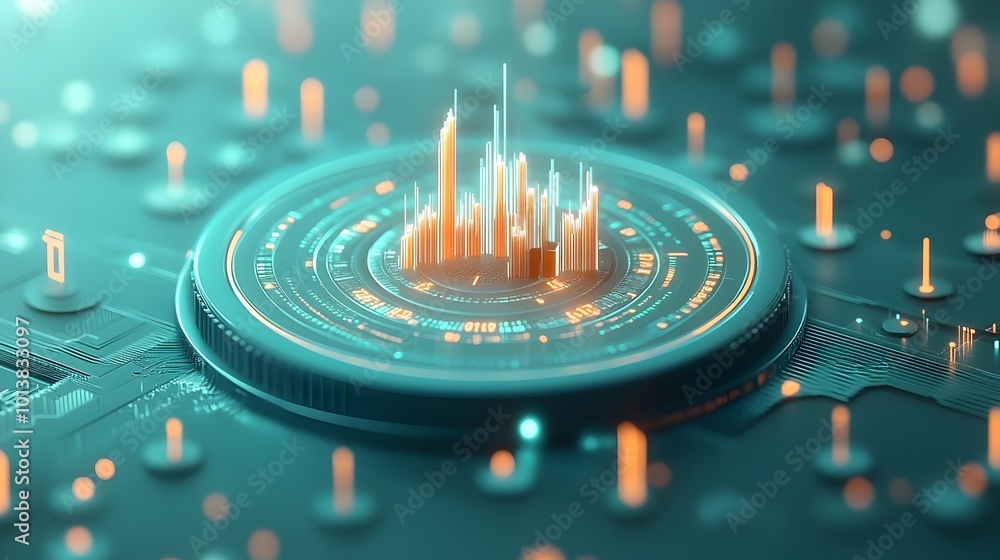 Poster magnified view of a futuristic cyberpunk inspired financial data visualization chart interpreting ma