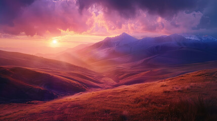 A stunning mountain scene at sunset, with dramatic lighting and vivid colors, perfect for cinematic shots