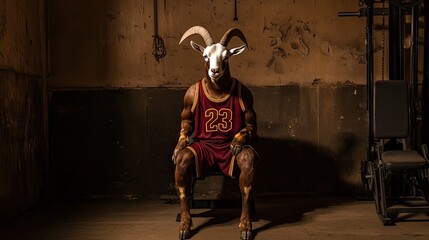 brown big muscle goat sitting in a gym coach wearing 23 nba cavs jersey full body isolated goat black background
