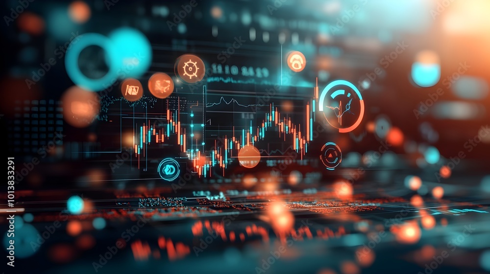 Poster macro close up view of a detailed blue toned financial trading chart displaying comprehensive data a