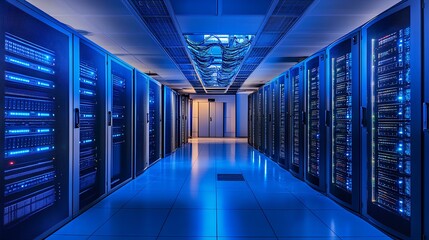 A high-tech server room illuminated in blue, showcasing numerous servers arranged in neat rows, emphasizing a modern data storage environment.