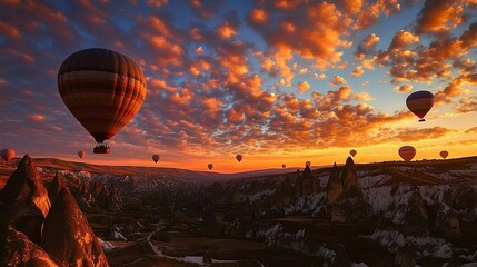 Obraz premium A stunning sunset scene featuring multiple hot air balloons drifting over a picturesque landscape, illuminated by vibrant clouds.