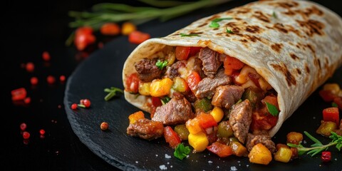 A delicious beef burrito with corn, peppers, and spices on a black slate plate.