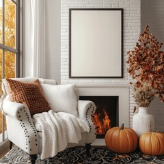 Cozy living room features a comfortable armchair, crackling fireplace, and autumn-themed decor, including pumpkins for a festive ambiance.