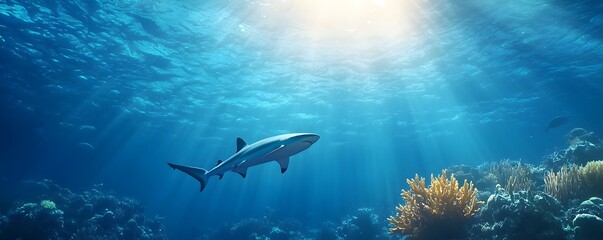 Serene Underwater Dance of Sharks - Ethereal Coral Formations Illuminated by Soft Light in the Deep Oceans Tranquil Marine World