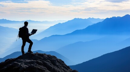 Working Remotely in Vacation, traveler stands on a mountain peak working on laptop in hand, gazing at a breathtaking landscape. Adventure awaits