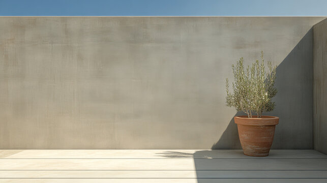 Minimalist terrace with a single olive tree in a terracotta pot under clear blue sky