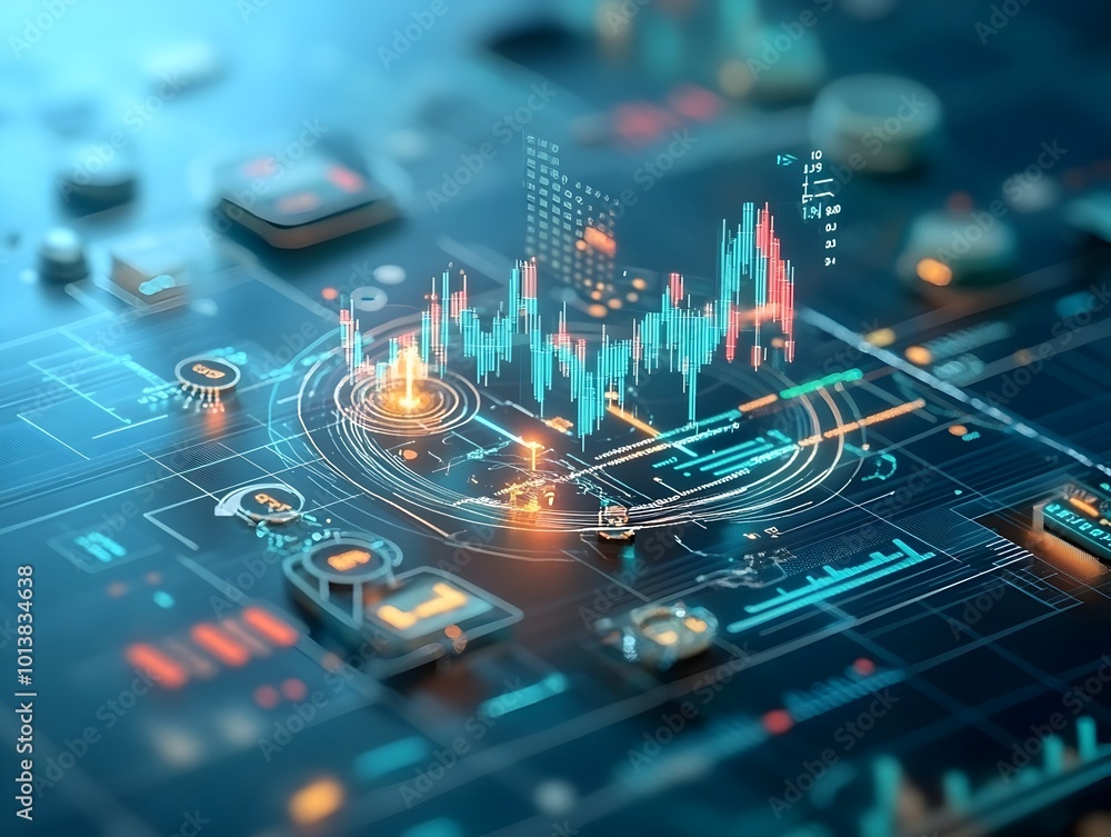 Poster detailed macro view of a sleek corporate investment trading chart depicting complex financial data t