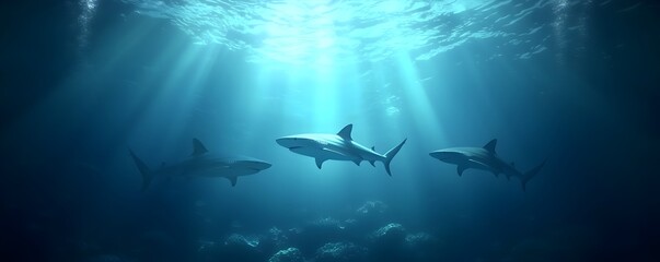 Obraz premium Majestic Sharks Swimming Over Vibrant Coral Beds - A Serene Underwater Scene Showcasing Thriving Marine Life Illuminated by Soft Light Beams