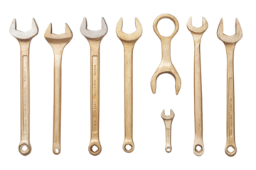 Set of metallic wrenches arranged on transparent background, perfect for tool-related themes.
