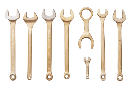 Set of metallic wrenches arranged on transparent background, perfect for tool-related themes.