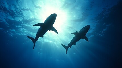 Obraz premium Majestic Sharks Silhouetted in Dark Waters - A Dramatic Scene of Power and Danger with Menacing Shadows Over Coral Reefs Perfect for Ocean and Wildlife Themes