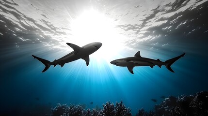 Naklejka premium Shadows of Power - Silhouetted Sharks in Dark Waters Casting Menacing Shadows Over Coral Evoking a Scene of Raw Danger and Ocean Majesty