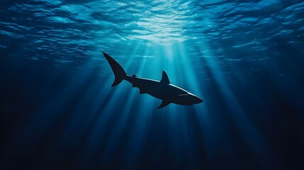 Majestic Shark Silhouette in Ethereal Underwater Cave - Illuminated Abyss with Mysterious Marine Life and Glowing Sea Beams