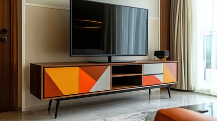 modern living room setting with a stylish, multicolored TV stand, a flat-screen TV, and a wooden floor. A glass table and a curtain complement the contemporary aesthetic