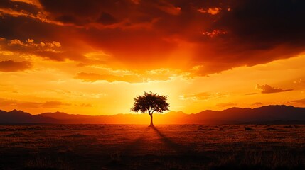 Obraz premium Solitary tree silhouetted against a dramatic sunset with vibrant colors illuminating the sky.