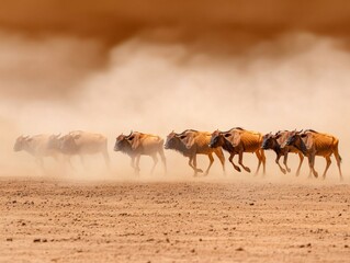 Herd of Wildebeests Galloping Through Dusty Landscape