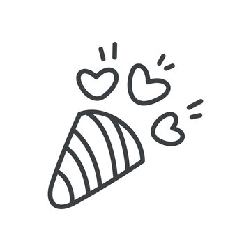 recommend clip art: Cute party flapper icon. Hand drawn monochrome illustration of a festive popper with confetti hearts isolated on a white background. Vector 10 EPS.