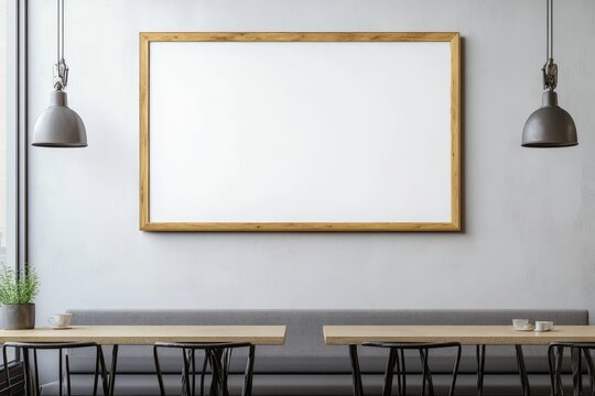 Spacious cafe interior showcases a large blank wooden frame, flanked by industrial lighting for a minimalist aesthetic.