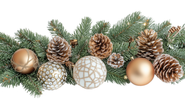 transparent png image of fir garland with gold and silver christmas balls