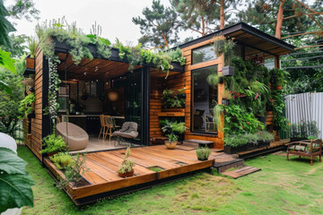 Obraz premium A tiny home's backyard featuring space-saving vertical gardens, container plants, and a small seating area