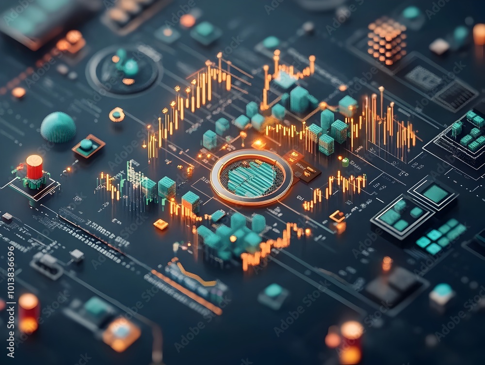 Poster detailed macro view of a complex blue market investment trading chart showcasing deep analysis of ca