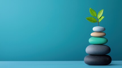 Stacked Stones with Green Leaf on Blue Background   Zen  Mindfulness  Balance  Nature