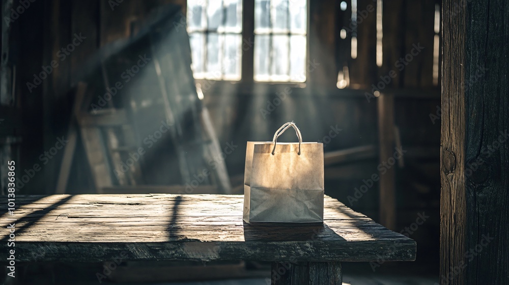 Poster a simple brown paper bag sits on a wooden table in a rustic setting, with a window in the background
