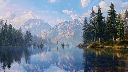 Obraz premium A tranquil lakeside scene with mirror-like reflections of mountains and trees, capturing the beauty of nature