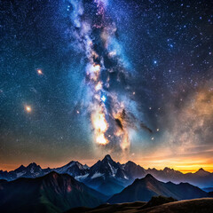 Naklejka premium sunrise over the mountain, sunrise in the forest, stars background a blue starry sky at night