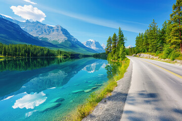 A scenic road winding through lush forests, leading to a stunning mountain lake reflecting the blue sky