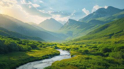 Fototapeta premium A tranquil mountain landscape with a peaceful river flowing through the valley, surrounded by vibrant greenery