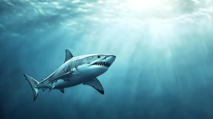 Naklejka premium Shark Encounter in Stormy Waters - A Divers Descent into Isolation and Fear Amidst the Turbulent Ocean