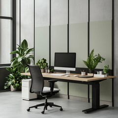 Modern home office with plants, a desk, chair, and computer, showcasing a minimalist design.