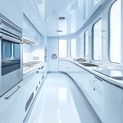 Fototapeta premium Modern kitchen interior with sleek design, bright lighting, and spacious layout, ideal for cooking and entertaining.