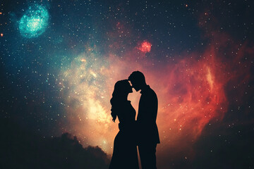 A couple's silhouette against the backdrop of an ethereal galaxy, symbolizing their love as vast and infinite in space. 