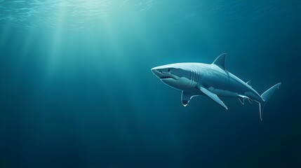 Fototapeta premium Terrifying Shark in the Abyss - A Haunting Encounter with a Predator Patrolling the Depths of an Ocean Trench