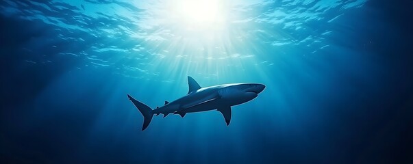 Fototapeta premium Facing the Abyss Diver Confronts Sharks in Dark Waters - A Gripping Underwater Encounter of Fear and Survival