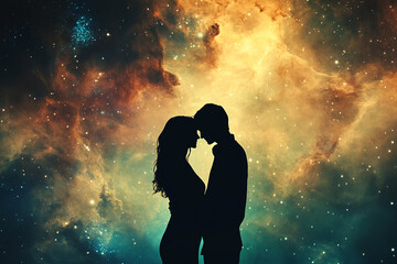 A couple's silhouette against the backdrop of an ethereal galaxy, symbolizing their love as vast and infinite in space. 